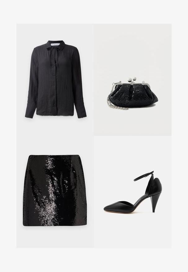 Blouse noire à boutons, avec un détail de col à nouer, en tissu texturé, à manches longues et ornée de dentelle au niveau de l'ourlet. Les boutons sont noirs et brillants.; Jupe mini en sequins noirs avec un design ajusté, taille haute et texture brillante, présentant des détails de surface réfléchissante et une silhouette épurée.; Escarpin en cuir noir à bout pointu avec bride à la cheville et talon conique sur fond blanc.; Pochette noire à paillettes avec un cadre argenté, un design plissé et une bandoulière chaîne. Dotée de deux fermoirs sphériques sur le dessus.