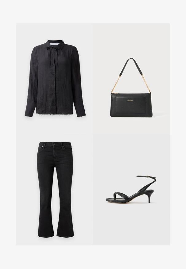 Schwarze Bluse mit Knopfleiste und Bindehalsdetail, strukturierter Stoff, lange Ärmel und Spitzensaum. Die Knöpfe sind schwarz und glänzend.; Schwarze ausgestellte Jeans aus Denim-Stoff, mit einem klassischen 5-Taschen-Design, Knopfverschluss vorne und leichtem Verblassen an den Oberschenkeln.; Schwarze Ledersandale für Damen mit dünnen Riemchen, einer Zehenlasche, einer Knöchelschnalle und einem mittelhohen Stöckelabsatz vor neutralem Hintergrund.; Schwarze Ledertasche mit einer Kieseloberfläche, goldener Kettenriemen und einer Fronttasche. Auf der Vorderseite befindet sich ein goldenes Logo.