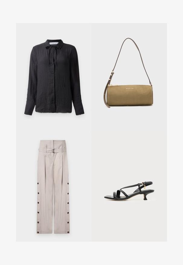 Schwarze Bluse mit Knopfleiste und Bindehalsdetail, strukturierter Stoff, lange Ärmel und Spitzensaum. Die Knöpfe sind schwarz und glänzend.; Beige weite Hosen aus weichem Stoff mit einem hohen Taillenbund, seitlichen Knöpfen und einem klaren, maßgeschneiderten Look.; Schwarze Ledersandale mit niedrigem Kittenabsatz, Knöchelschnalle und kleinem goldfarbenem Anhänger vor einfachem hellem Hintergrund.; Olivgrüne, zylindrische Michael Kors Schultertasche mit goldenem Reißverschluss und verstellbarem Schulterriemen auf hellem Hintergrund.