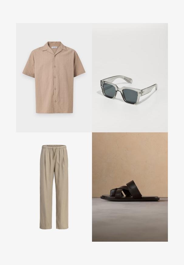Beige korte mouw blouse met subtiele verticale strepen en een ontspannen kraag, gelabeld Jack & Jones.; Beige losse broek met elastische tailleband en trekkoord, rechte pijpen en zijzakken.; Zwarte leren slip-on sandaal met drie gekruiste bandjes, platte zool en een gladde textuur, boven een geweven natuurlijk vezel tapijt.; Duidelijke, oversized zonnebril met donkere lenzen, met een chunky rechthoekig montuur en getextureerde accents op de pootjes. Gemaakt van transparant plastic.