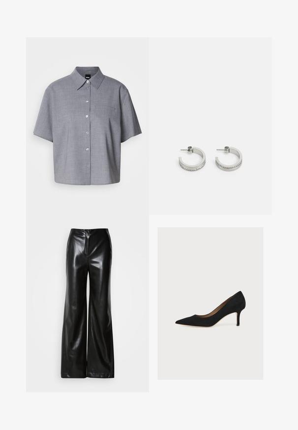 Camisa gris de manga corta fabricada en tejido ligero, con cuello, botones en la parte delantera, un bolsillo en el pecho y un corte relajado.; Pantalones de piel negros de pierna ancha con textura suave, cintura alta y cierre frontal oculto. Ajuste entallado con un acabado limpio.; Zapato de salón negro de ante con punta afilada, tacón stiletto de altura media y suela interior color cuero claro sobre un fondo claro.; Pendientes de aro plateados con una superficie lisa y una fila de pequeñas piedras transparentes a lo largo del borde inferior, con cierre de perno.