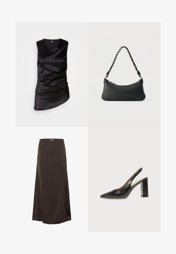 Sort ærmeløs top lavet af glat satin, med V-hals og draperet design, asymmetrisk kant og subtilt samlet tekstur.; Lang, mørkebrun satin skørt med en tætsiddende talje og subtil splittelse i siden, glat tekstur og let shine.; Sort læder peep-toe slingback sko med høj blokhæl og beige indvendig foring mod en ensfarvet lys baggrund.; Sort skuldertaske i læder med en buet rektangulær form, gyldent kæde vævet ind i en flettet sort rem og toplynlås.