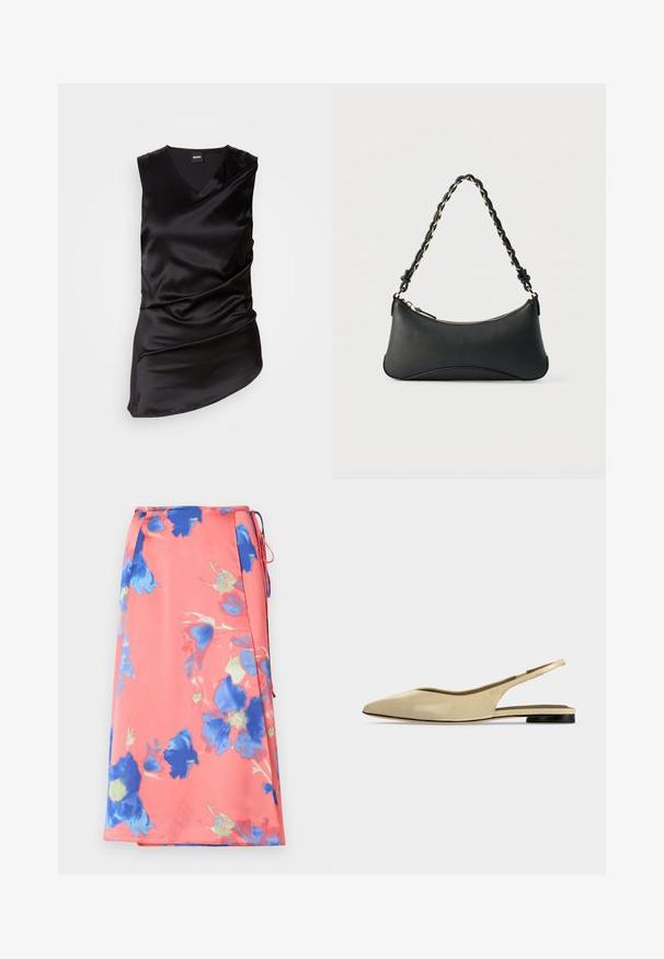 Sort ærmeløs top lavet af glat satin, med V-hals og draperet design, asymmetrisk kant og subtilt samlet tekstur.; Blomster midi-nederdel i koralfarvet med blå og grønne mønstre. Lavet af let stof, med bånddetalje og sideslids.; Beige spids tå slingback flad sko med lav sort hæl og en glat læderfinish, vist fra siden på en ensfarvet baggrund.; Sort skuldertaske i læder med en buet rektangulær form, gyldent kæde vævet ind i en flettet sort rem og toplynlås.