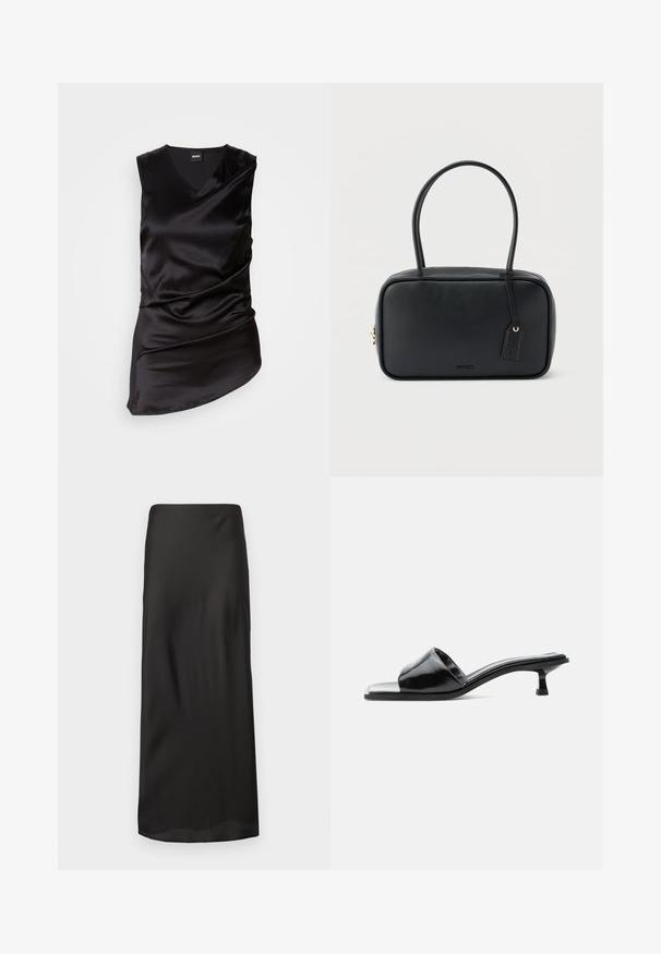 Zwarte mouwloze top van gladde satijn, met een V-hals en gedrapeerd ontwerp, asymmetrische zoom en subtiele geplooide textuur.; Zwarte maxi rok van glad, lichtgewicht stof. Heeft een rechte silhouet met een elastische tailleband en geen zichtbare patronen of versieringen.; Zwarte lakleren mule met open teen, een lage kittenhak en een brede band over de tenen, afgebeeld in zijprofiel tegen een effen achtergrond.; Zwarte rechthoekige handtas met dubbele afgeronde handvaten, gouden ritssluiting en geperst "HUGO" logo aan de voorkant met een aangehecht lederen label.