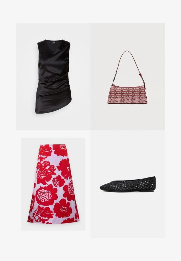 Sort ærmeløs top lavet af glat satin, med V-hals og draperet design, asymmetrisk kant og subtilt samlet tekstur.; Rød blomstret nederdel på hvid baggrund; knælang med en svungen design og glat tekstur. Ingen synlige lukninger eller accenter.; Sort mesh flad sko med lukket tå og lav hæl, med åndbar vævet design og diskret side-logo.; DKNY håndtaske i rødt med et gentaget logo mønster. Har lynlås lukning og en skulderrem med en tekstureret detalje. Rektangulær form.