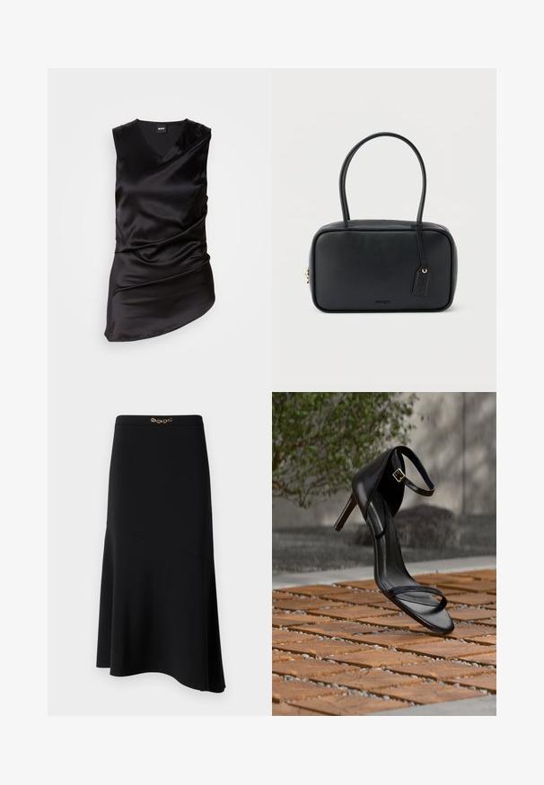 Top noir sans manches en satin lisse, présentant un décolleté en V et un design drapé, avec un ourlet asymétrique et une texture légèrement froncée.; Jupe midi noire avec une forme évasée, fabriquée en tissu lisse, présentant un accent décoratif en chaîne dorée à la taille.; Sandale noire à talon haut avec sangle à la cheville, suspendue au-dessus d'un sol en carreaux de bois à l'extérieur, avec un arrière-plan flou de verdure et de pierre.; Sac à main rectangulaire noir avec doubles poignées arrondies, fermeture éclair dorée et logo "HUGO" embossé sur le devant avec une étiquette en cuir attachée.
