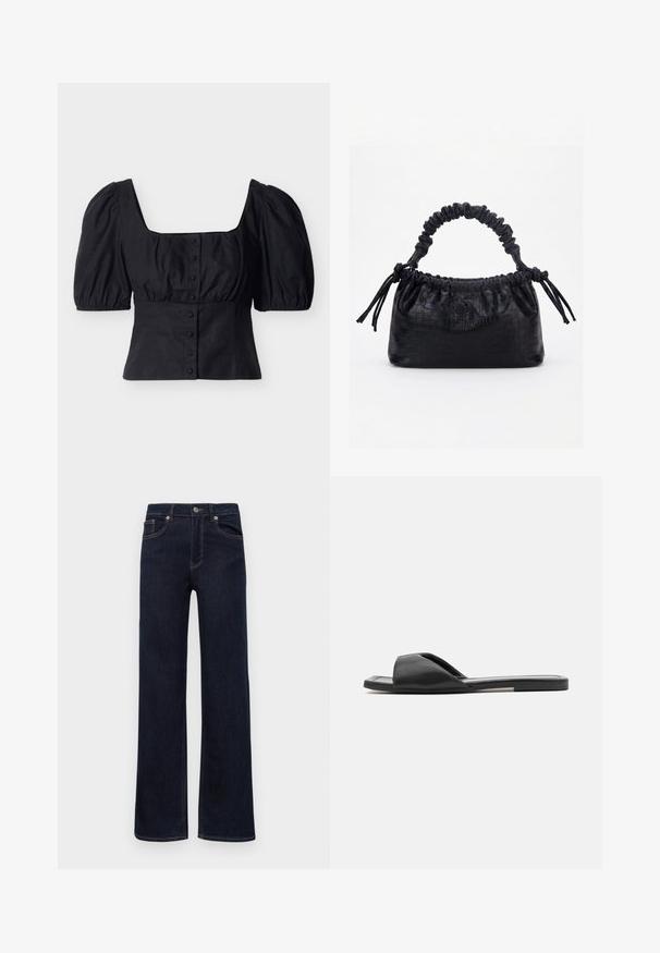 Blouse noire courte avec manches courtes bouffantes, encolure carrée et fermeture à boutons à l'avant sur un fond uni.; Jean en denim bleu foncé avec des jambes droites, fermeture à bouton, passants de ceinture et cinq poches, présentés sur un fond blanc.; Des sandales en slide noires présentent un matériau synthétique lisse, un design ouvert à l'avant et une semelle plate avec une bande d'accent minimaliste sur le côté.; Sac à main noir avec texture crocodile, bord supérieur froncé, poignée plissée et pompons à cordon de chaque côté sur fond blanc.