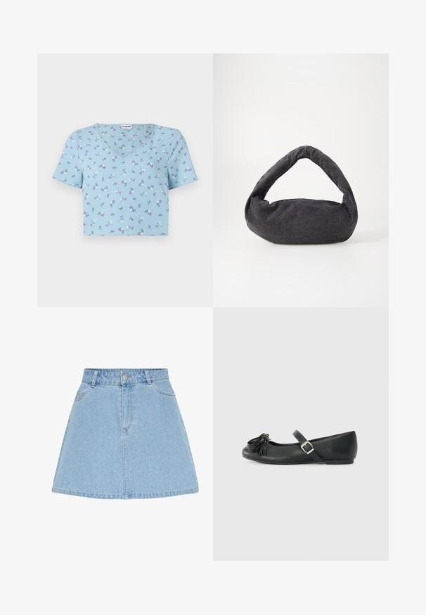 Lichtblauwe T-shirt met korte mouwen en V-hals, versierd met een bloemenpatroon met paarse en witte bloemen op een gestructureerde stof.; Lichtblauwe denim A-lijn rok met vooraan knopen en rits, ceintuurlussen en twee voorzakken.; Zwarte leren balletflat met een ronde neus, voorzien van een decoratieve franjerand en een zijsleutelriem. Minimalistisch ontwerp en een gladde textuur.; Donkergrijze stoffen tas met een gebogen handvat, zachte textuur en ronde vorm. Geen zichtbare hardware of versieringen.