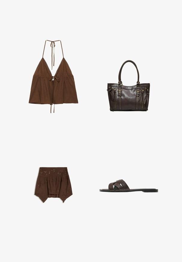 Crop top marron à col halter avec bonnets triangulaires, bordure en dentelle et liens de fermeture au niveau du cou et au centre devant.; Haut marron épaules dénudées avec ourlet asymétrique, tissu froncé et subtils ornements floraux en sequins.; Sandale plate marron foncé avec trois larges brides en cuir croisées et une semelle fine.; Sac à main en cuir marron foncé avec deux poignées, poches zippées verticales et clous dorés décoratifs sur un fond uni.
