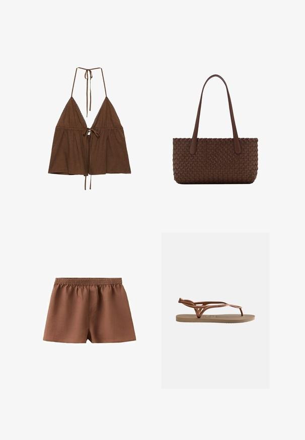 Brun halterneck cropped top med trekantede skåle, blondestrimling og bindelukninger ved nakke og foran midt.; Brune bomuldsshorts med elastik i taljen og en løs pasform, designet til afslappet brug.; Flad sandal med beige sål og metallisk roseguld flettede remme, udstyret med en tåkappe og hælrem for sikker pasform.; Brun læderhåndtaske med et vævet teksturmønster, med to lange, slanke håndtag til skulderbæring.