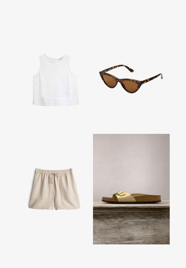 Weißes ärmelloses Top mit rundem Ausschnitt, hergestellt aus leichtem Stoff. Verfügt über einen geraden Saum und dezente Nähte.; Beige Shorts mit elastischem Bund und Kordelzug, aus strukturiertem Stoff mit zwei Fronttaschen. Mittlere Oberschenkel-Länge.; Goldfarbene synthetische Slide-Sandale mit einem einzigen Riemen und Schnallenakzent, ausgestattet mit einem braunen Korkfußbett und einer strukturierten Gummisohle.; Katzenaugen-Sonnenbrille mit einem schwarz-orangenen Schildpattrahmen, braunen Gläsern und schlanken, spitzen Enden. Verfügt über ein minimalistisches Logo am Bügel.