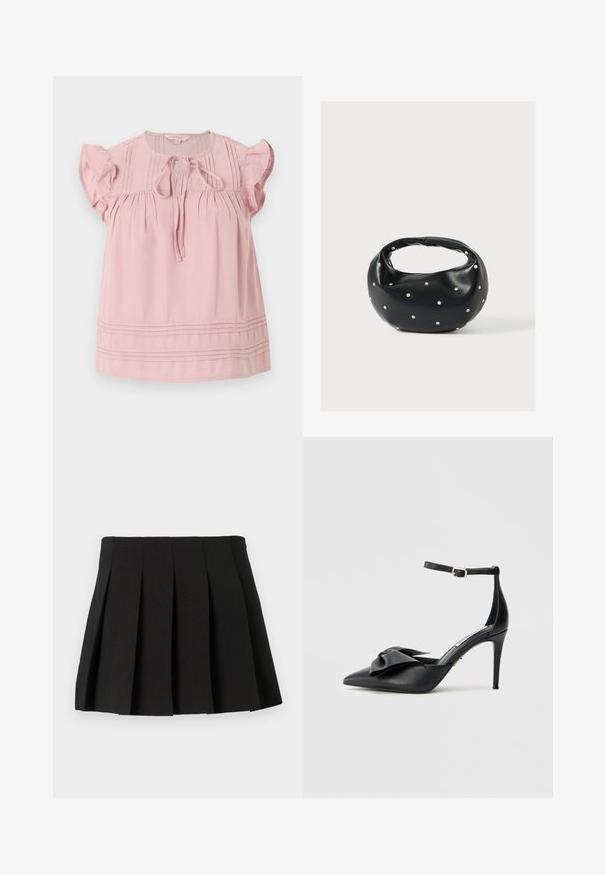 Blusa de manga corta en rosa suave con mangas con volantes, lazo frontal en el escote redondo, pliegues verticales en el pecho y pliegues horizontales cerca del dobladillo.; Mini falda negra con diseño estructurado, hecha de una tela suave. Cuenta con una cinturilla y pliegues verticales espaciados uniformemente.; Zapato de tacón alto negro con puntera puntiaguda, adorno de lazo de satén y correa ajustable en el tobillo con herrajes plateados. Textura de cuero suave.; Bolso de mano de cuero negro con forma redondeada, decorado con detalles de tachuelas plateadas y un asa corta. Textura lisa y cierre con cremallera.