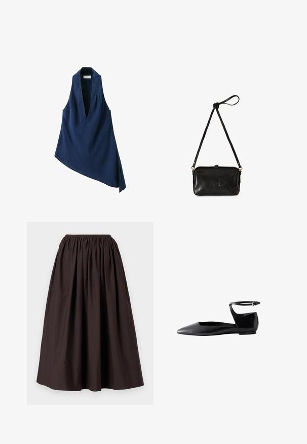 Top en denim asymétrique bleu marine sans manches avec un profond décolleté en V et de larges bretelles.; Jupe longue jusqu'à la cheville de couleur marron, fabriquée dans un tissu léger avec une taille élastique et un design froncé pour un effet volumineux.; Chaussure plate noire à bout pointu, talon fermé et fine bride à la cheville avec boucle sur fond blanc.; Sac à bandoulière en cuir noir avec une sangle nouée et de petits détails en métal doré, de forme rectangulaire, design minimaliste.