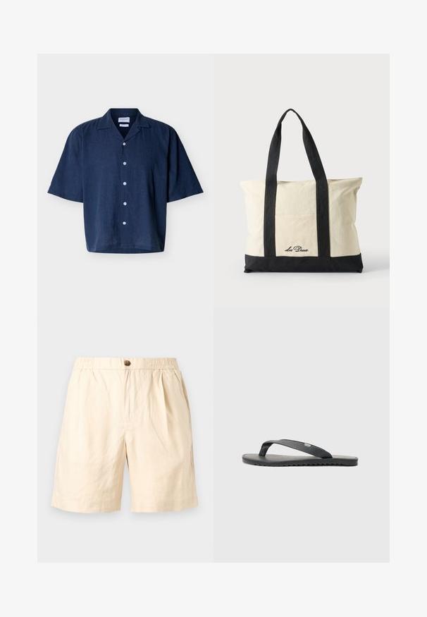 Marineblauw overhemd met korte mouwen en knoopsluiting, met campkraag, gemaakt van lichtgewicht stof, plat uitgestald tegen een witte achtergrond.; Beige casual shorts met elastische tailleband, enkele knoopsluiting, zijzakken en een losse pasvorm, geschikt voor warm weer.; Zwarte flip-flop met textuur in de bandjes, platte zool en gekartelde rand. Gemaakt van rubber met een gladde afwerking en minimalistisch ontwerp.; Canvas tote tas met lange zwarte handvatten, zwarte onderzoom en voorvak met "Les Deux" logo in zwarte schrijfletters.