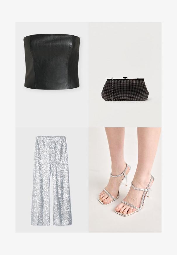 Sort lædercropped top med en glat tekstur, struktureret design og sømløse sider, med en lige halsudskæring og uden synlige lukninger.; Sølv palietbukser med flared ben og elastisk talje. Har en skinnende overflade og bred ben silhuet.; Fødder iført sølvfarvede højhælede sandaler med tynde stropper og firkantede tå, som står på en lys overflade.; Sort mesh clutch-taske med en struktureret silhuet, prydet med små metalstuds, har en låsemekanisme og en aftagelig kæderekke.
