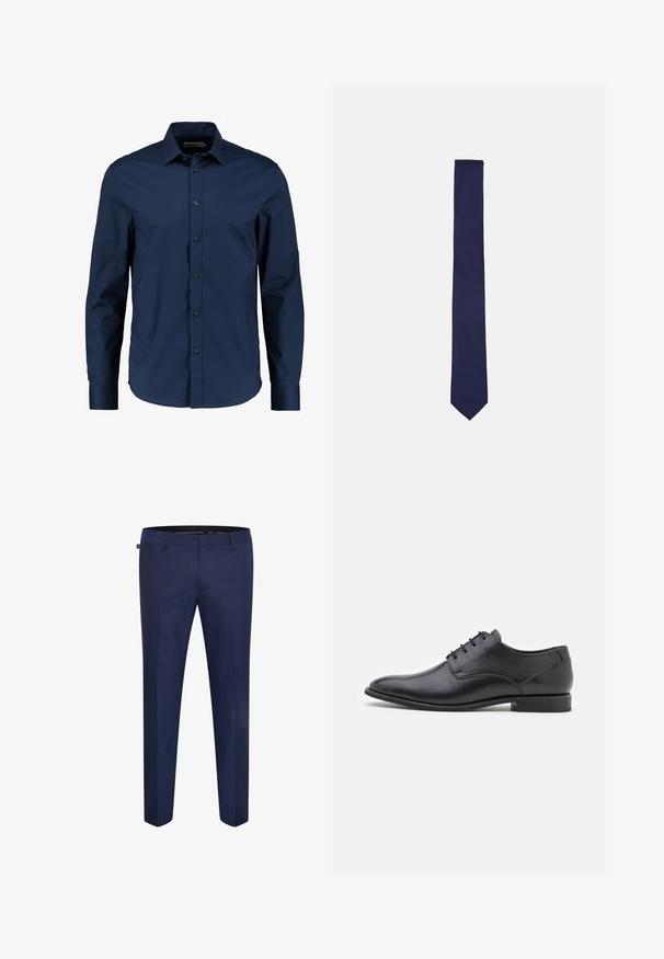 Marineblaues Langarmhemd aus glattem Stoff, mit einem klassischen Kragen, vorderen Knöpfen und einer taillierten Passform mit abgerundetem Saum.; Marineblaue maßgeschneiderte Hose aus einem glatten Stoff, mit schmaler Passform und flacher Vorderseite ohne sichtbare Taschen oder Verzierungen.; Schwarze Leder-Oxford-Schuhe mit glatter Textur, spitzer Zehenform, niedrigem Absatz und sechs Ösen für die Schnürung. Einfaches Design ohne Verzierungen.; Marineblaue Seidenkrawatte, schlankes Design mit spitzem Ende, glatte Textur, einheitliche Farbe ohne Muster oder Akzente.