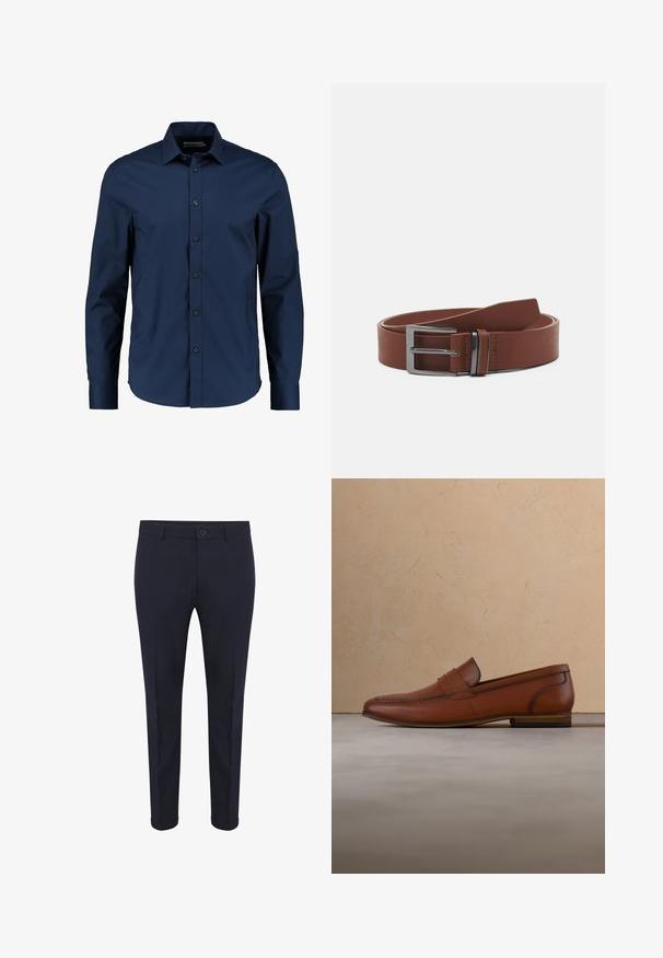 Chemise à manches longues bleu marine en tissu lisse, dotée d'un col classique, de boutons sur le devant et d'une coupe ajustée avec un hem arrondi.; Pantalons taillés bleu marine en tissu lisse, avec fermeture par bouton, poches avant et ourlets retournés. Design slim fit avec des lignes épurées.; Mocassin en cuir marron flottant au-dessus d'un tapis beige avec un canapé marron clair flou en arrière-plan.; Ceinture en cuir marron avec une texture lisse, dotée d'une boucle en métal argenté et d'un design minimaliste. La ceinture a une extrémité arrondie et des coutures précises.
