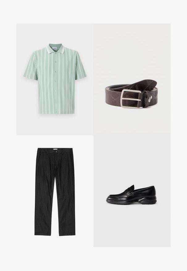 Camisa de manga corta de color verde claro con botones, rayas verticales blancas y cuello, mostrada sobre un fondo blanco liso.; Pantalones negros de corte recto para hombre con botón frontal, bragueta con cremallera y bolsillos laterales, mostrados planos sobre fondo blanco.; Mocasines de piel negra con una suela de goma texturizada y baja, y un diseño de costura en la parte superior. Presenta una punta redondeada y mínimas ornamentaciones.; Cinturón de cuero marrón oscuro con un patrón geométrico en relieve y hebilla rectangular plateada, enrollado sobre un fondo liso.