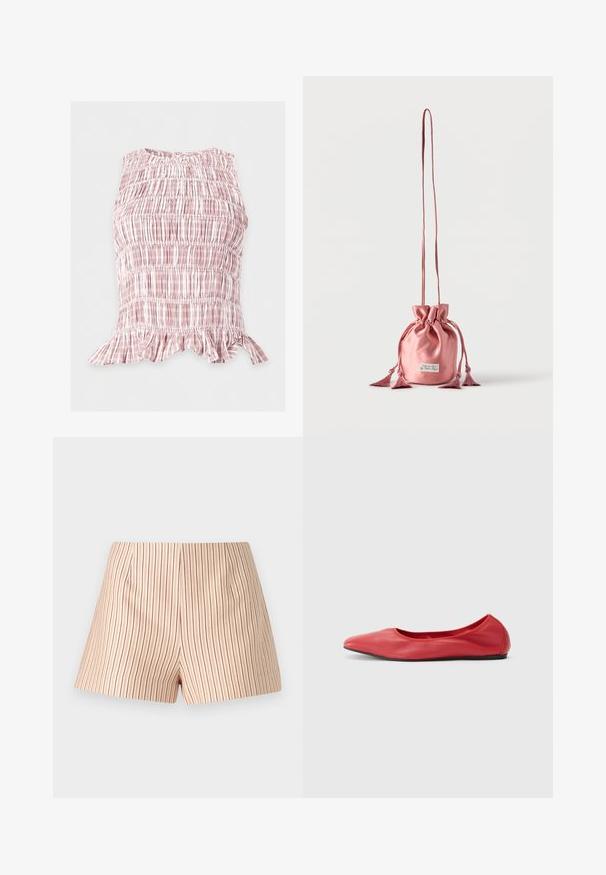 Mouwloze gerimpelde top met rood-wit geruit patroon en gerimpelde zoom, ontworpen met een licht afgeronde halslijn.; Gestreepte shorts in een lichtbeige stof met dunne rode verticale lijnen. Heeft een vlakke voorkant met minimale plooien en een rechte snit.; Filippa K REY FLATS - Ballerina's - bright red; Roze satijnen trekkoordzakje met lange band en kwastdetails, rechtopstaand op een effen witte achtergrond.