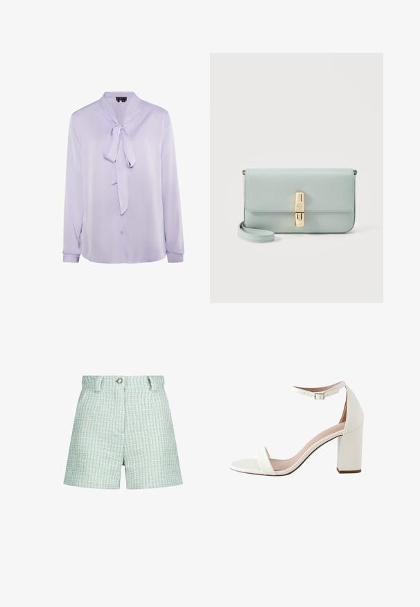 Lavendel Bluse mit Schleifenkragen, langen Ärmeln und Knopfverschluss. Glattes Material mit leichtem Glanz und minimalistischem Design.; Helles blaugraues Tweed-Shorts mit einem strukturierten Muster, hoher Taille und einem Frontknopfverschluss. Keine sichtbaren Taschen.; Weiße offene High-Heel-Sandale mit Riemen um den Knöchel und silberner Schnalle, Blockabsatz und glatter Oberfläche auf weißem Hintergrund.; Hellblaue Leder-Clutch mit goldfarbenem rechteckigem Verschluss und abnehmbarem Handgelenksriemen auf weißem Hintergrund.