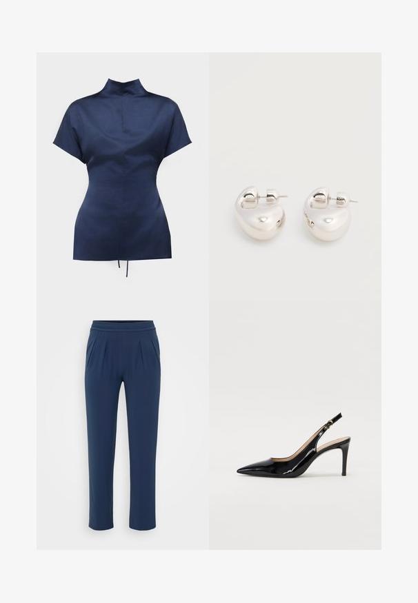 Blusa azul marino de manga corta con cuello alto y cintura entallada, mostrada sobre un fondo blanco.; Pantalones de talle alto azul marino con cinturilla elástica, piernas rectas y anchas, y bolsillos laterales, exhibidos sobre un fondo plano.; Zapatos de charol negro con tirante al tobillo, punta afilada, tacón delgado y un diseño de corte sutil. Presenta una hebilla dorada en la correa.; Par de pendientes llamativos de aro grueso plateado brillante con cierre de poste sobre un fondo blanco liso.