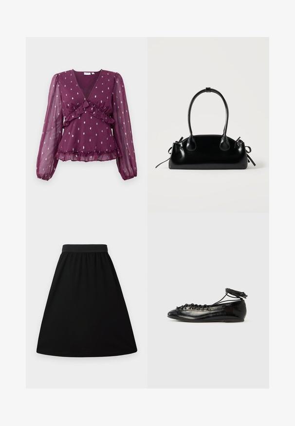 Bordeaux blouse met lange doorschijnende mouwen, gerimpelde details en een zilveren stippenpatroon; V-hals en gefröbeld zoomafwerking.; Zwarte A-lijn rok met een elastische tailleband, gemaakt van een gladde, lichte stof; heeft een eenvoudig, effen ontwerp zonder patronen.; Zwarte ballerina's van lakleer met een afgeronde neus, veterdesign en een platte zool. Glad oppervlak met minimale details.; Kleine zwarte glanzende handtas met twee lange hengsels en zijkant trekkoord details op een effen lichte achtergrond.