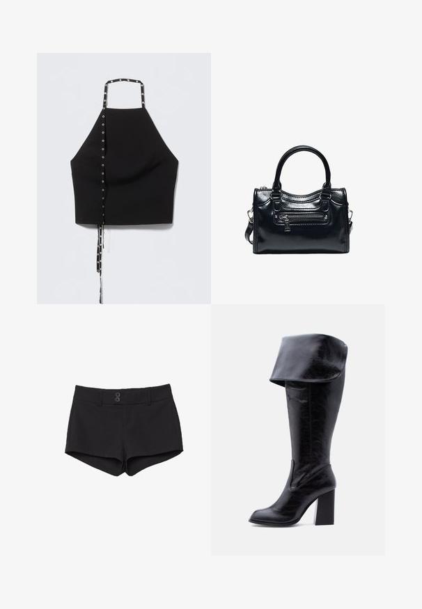 Haut noir à col licou avec un design structuré, agrémenté d'œillets argentés sur le côté et de liens pour ajustement. Texture de tissu lisse.; Shorts noirs en tissu à la texture lisse. Dotés d'une taille élastique, de deux poches avant et de deux boutons noirs à l'avant.; Botte haute en cuir noir avec talon, bord plié et bout arrondi, debout sur un fond blanc.; Sac à main en cuir noir brillant avec deux poignées, poche avant zippée et bandoulière amovible sur fond blanc.