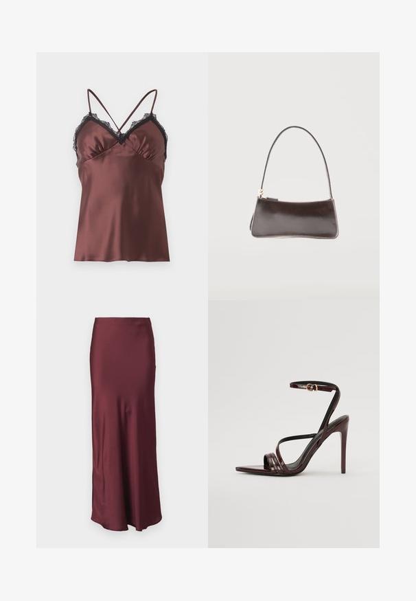 Topshop TSNAOMI LACE TRIM SATIN CAMI TOP WVN - Débardeur - chocolate brown; Jupe maxi en satin bordeaux avec une taille ajustée et un ourlet évasé, présentant une texture lisse et sans motifs ni ornements visibles.; Sandale à talons hauts en cuir verni bourgogne avec une bride de cheville, bout pointu et trois bandes horizontales sur le pied. Détail de boucle dorée.; Petit sac à main rectangulaire en cuir marron foncé avec une bandoulière unique et une fermeture éclair dorée.