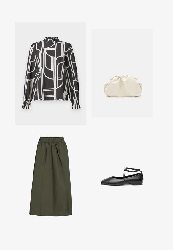 Schwarze Bluse mit langen Ärmeln, weißen abstrakten geometrischen Linien, gerafftem hohen Kragen und gerafften Bündchen an den Ärmeln.; Olivgrüner, knöchellanger Rock mit gerafftem, elastischem Bund und einer glatten, leicht zerknitterten Stoffstruktur.; Schwarze Leder-Ballerinas mit spitzem Zehenbereich, flachem Absatz und einer gewickelten Schnürung am Knöchel. Glatte Oberfläche, minimalistisches Design.; Weiche, cremefarbene Leder-Clutch mit gerafftem Design und einem dünnen Schulterriemen, der vorne auf einem schlichten Hintergrund liegt.