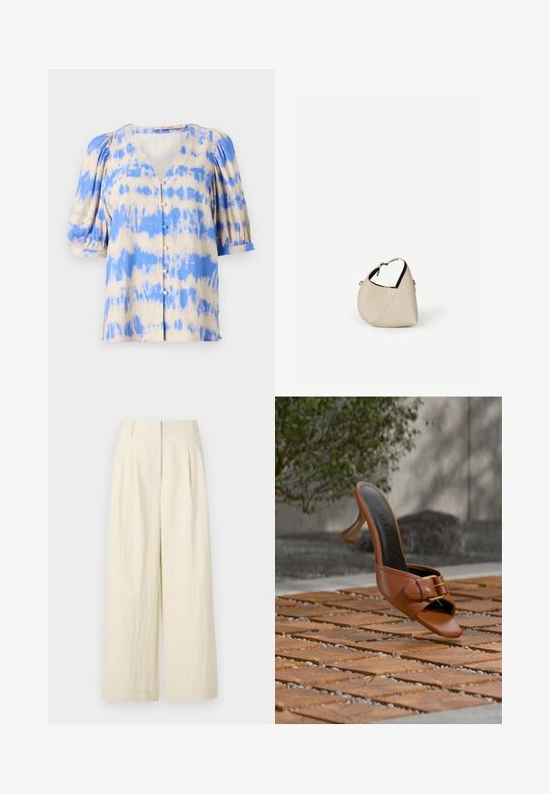 Blouse à manches courtes et décolleté en V en beige et bleu avec un motif tie-dye, présentant des manches bouffantes et un detail de boutons à l'avant. Fabriquée en tissu léger.; Pantalons à jambes larges couleur crème en tissu texturé. Présentent des plis sur le devant et une taille haute, offrant un ajustement ample tout au long.; Mule à talon haut en cuir marron avec détail boucle, marquée « Guess » sur la semelle intérieure, posée sur des carreaux en bois à motifs avec de la verdure et un mur en béton en arrière-plan.; Sac à main en cuir beige en forme de croissant avec une seule bandoulière et des coutures minimalistes, posé sur un fond blanc uni.