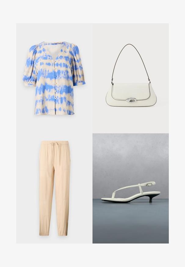 Korte mouw, V-hals blouse in een beige en blauwe tie-dye patroon, met pofmouwen en een knoopsluiting aan de voorkant. Gemaakt van lichte stof.; Beige, lichtgewicht broek met een elastische tailleband, verstelbare trekkoord, smal gesneden pasvorm en zijzakken; gladde textuur en minimale naden.; Witte sandaal met smalle bandjes en kitten heel, met een spitse neus, zwevend boven een houten tegelvloer buiten, met op de achtergrond een wazige plant en muur.; Witte leren handtas met een gebogen ontwerp, contrasterende zwarte stiksels en een zilveren sluiting met het Calvin Klein-logo.