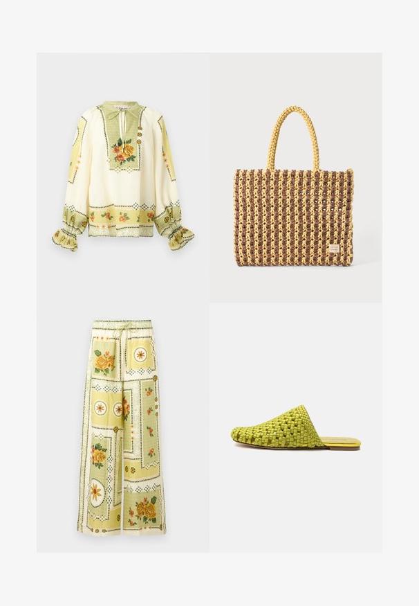 Blouse crème à manches longues avec imprimé floral jaune et orange, poignets froncés à volants et col à nouer avec boutons décoratifs.; Pantalon à jambes larges avec motifs patchwork floraux et géométriques jaune clair, ceinturé d'une bande élastique et d'un cordon de serrage.; Mule en tissu vert à enfiler avec semelle plate et bout pointu fermé, conçue pour un usage décontracté.; Sac tissé marron et jaune, de forme rectangulaire, avec deux poignées, et une finition texturée avec des coutures visibles et une étiquette de marque.