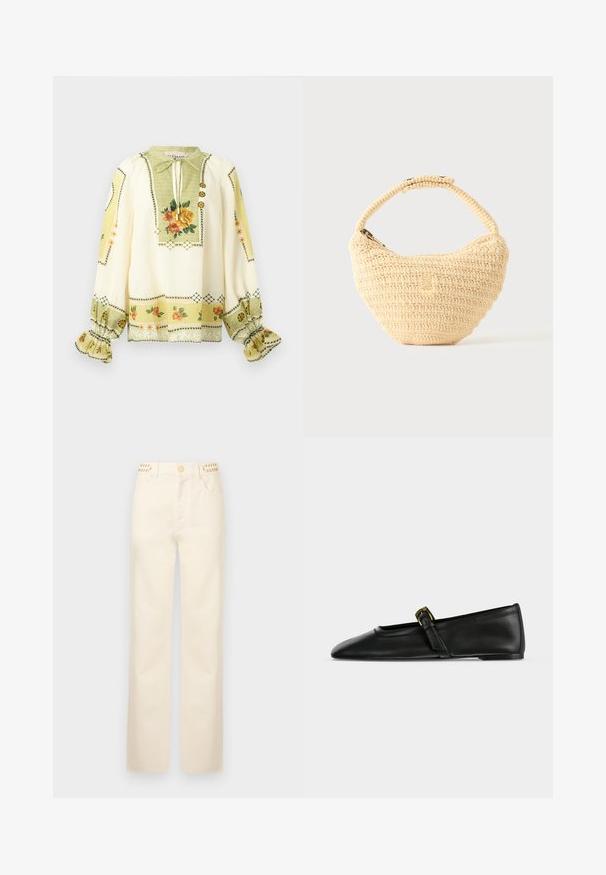 Cremefarvet bluse med lange ærmer med gul og orange blomsterprint, smockede flæsemanchetter og en bindehals med dekorative knapper.; Rabanne Jeans Straight Leg - off white denim; Sort Mary Jane flat sko i læder med spids tå og en tynd rem med et lille guldfarvet spænde, vist fra siden på en ensfarvet baggrund.; Beige vævet håndtaske med afrundet krop, lynlås, og en kort, tyk strop i en enkel, tekstureret hæklestil.