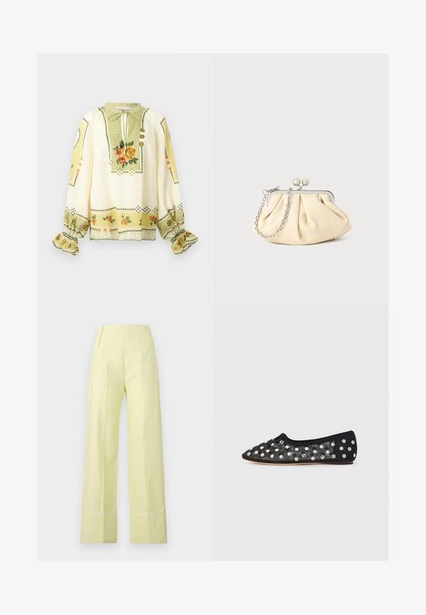 Blouse crème à manches longues avec imprimé floral jaune et orange, poignets froncés à volants et col à nouer avec boutons décoratifs.; Pantalon large en tissu jaune pâle avec une texture lisse. Dispose d'une taille haute et d'une couture contrastante le long de l'ourlet.; Chaussure plate noire à bout pointu, en maille avec de grands pois argentés, et un petit nœud à l'avant. Tissu texturé.; Pochette en cuir beige plissé avec un cadre en métal argenté, dotée de deux fermoirs ronds décoratifs et d'une chaîne en argent.