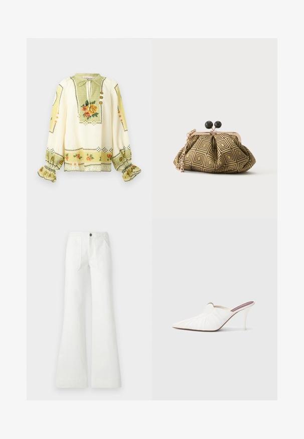 Blouse crème à manches longues avec imprimé floral jaune et orange, poignets froncés à volants et col à nouer avec boutons décoratifs.; Pantalon évasé blanc en tissu tissé, avec une ceinture tressée, deux poches avant et une texture lisse. Fermé avec un bouton noir.; Mules blanches à bout pointu, texture plissée sur le dessus, et talon stiletto fin. Surface lisse et design minimaliste.; Petite pochette avec motif géométrique doré et noir, cadre en métal doré, fermeture à boule noire et une courte chaîne dorée.