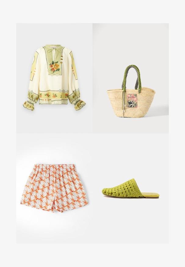 Crèmekleurige blouse met lange mouwen, geel-oranje bloemenprint, geplooide ruches aan de manchetten en een striknek met decoratieve knopen.; Witte shorts met een oranje palmbladerenpatroon, elastische tailleband en een losse pasvorm. Gemaakt van lichtgewicht stof, geschikt voor warm weer.; Groen geweven slip-on mule met platte zool en gesloten puntige neus, ontworpen voor casual gebruik.; Geweven beige strooien tas met gevlochten groene en zwarte handvatten en een kleurrijke rechthoekige patch aan de voorkant.