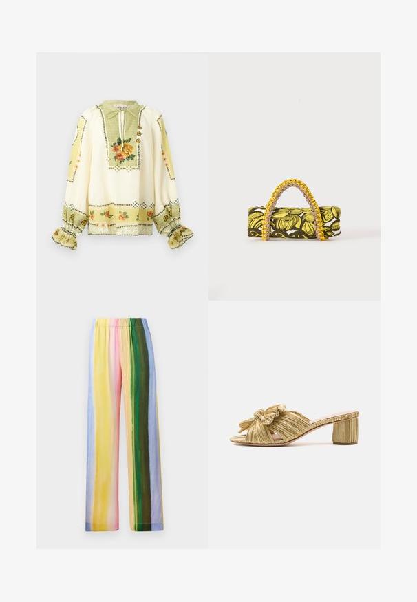 Blouse crème à manches longues avec imprimé floral jaune et orange, poignets froncés à volants et col à nouer avec boutons décoratifs.; Pantalons larges avec une taille élastique, ornés de rayures verticales dans des couleurs pastel : jaune, rose, vert, bleu et violet clair. Texture lisse.; Sandale à glissière plissée dorée avec un détail de nœud, bout ouvert et un talon bloc texturé. Présente une semelle plate et un intérieur lisse.; Sac rectangulaire avec motif floral jaune et noir et anse tressée jaune et rose sur fond blanc.