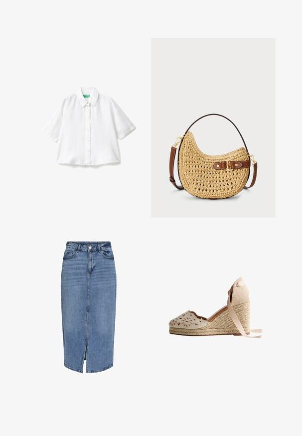 Korte mouwen witte linnen overhemd met een kraag, knoopsluiting aan de voorkant en een relaxte pasvorm. Glad textuur, geen patronen of accenten.; Lichtblauwe denim midi rok met een voorflap, vijf zakken, riemlussen en een knoopsluiting in de taille. Klassieke pasvorm en textuur.; Beige sleehak espadrille met gevlochten jute hak, uitgesneden bloemmotieven op de neus en enkellinten tegen een witte achtergrond.; Geweven stro hobo tas met een gebogen vorm, een bruine leren schouderriem met een gesp en een natuurlijke tan kleur. Gelaagde oppervlakte met zichtbare stiksels.