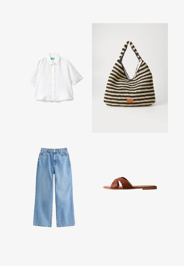 Camisa blanca de lino de manga corta con cuello, cierre frontal de botones y un corte relajado. Textura suave, sin patrones ni adornos.; Vaqueros de pernera ancha en azul claro, hechos de denim y con una cintura alta, que presentan un cierre de botón en la parte delantera y dos bolsillos frontales. Estilo clásico.; Sandalia plana de cuero marrón con diseño de tiras cruzadas. Suela plana con acabado liso y estilo minimalista. Sin herrajes visibles ni adornos.; Bolsa tejida a rayas en negro y beige, con un diseño holgado, superficie texturizada y un pequeño parche de cuero.
