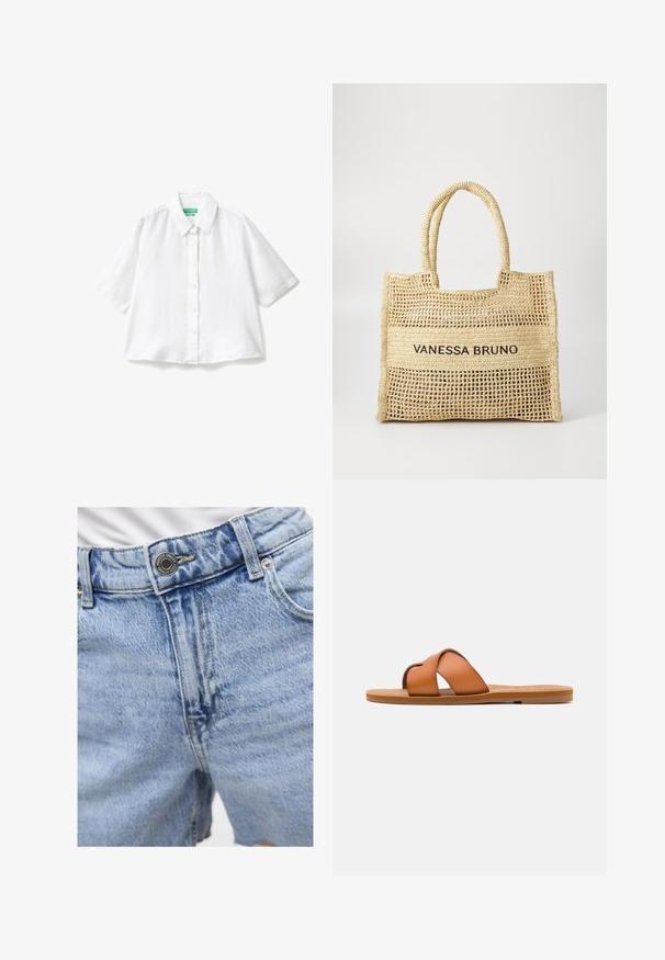 Korte mouwen witte linnen overhemd met een kraag, knoopsluiting aan de voorkant en een relaxte pasvorm. Glad textuur, geen patronen of accenten.; Lichtblauwe denimshorts met een hoge taille, zichtbare stiksels, twee voorkanten zakken en metalen knoopsluiting. Gladde textuur.; Bruine leren slidesandaal met kruisschouderbandjes, platte zool, fijne textuur en minimalistisch ontwerp voor casual gebruik.; Beige geweven draagtas met twee handvatten en "VANESSA BRUNO" in het zwart gedrukt op een solide geweven paneel in het midden.