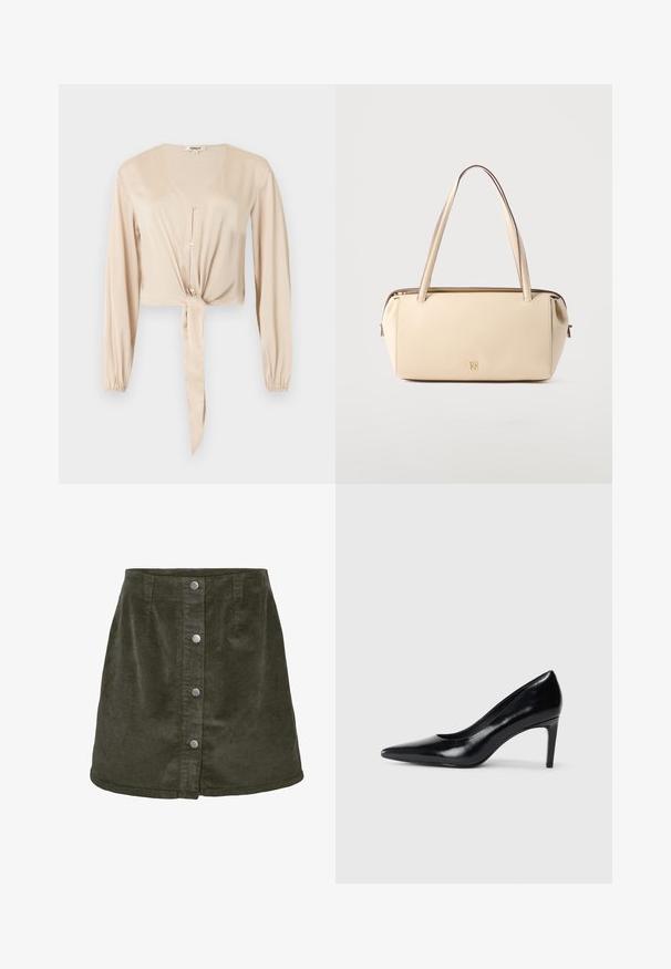 Beige Bluse mit langen Ärmeln, V-Ausschnitt, Vorderknöpfen, elastischen Bündchen und einem gebundenen Stoffdetail an der Taille.; Dunkelgrüner Cord-Rock in A-Linie, mit fünf silbernen Knopfverschlüssen auf der Vorderseite und vertikaler Ripptextur.; Schwarzer Lederhochschuh mit spitzem Zehenbereich, glatter Textur und schmalem Absatz. Minimalistisches Design, keine zusätzlichen Verzierungen.; Beige rechteckige Handtasche mit zwei langen Henkeln und einem kleinen goldenen Logo auf der Vorderseite in der Mitte vor einem schlichten Hintergrund.