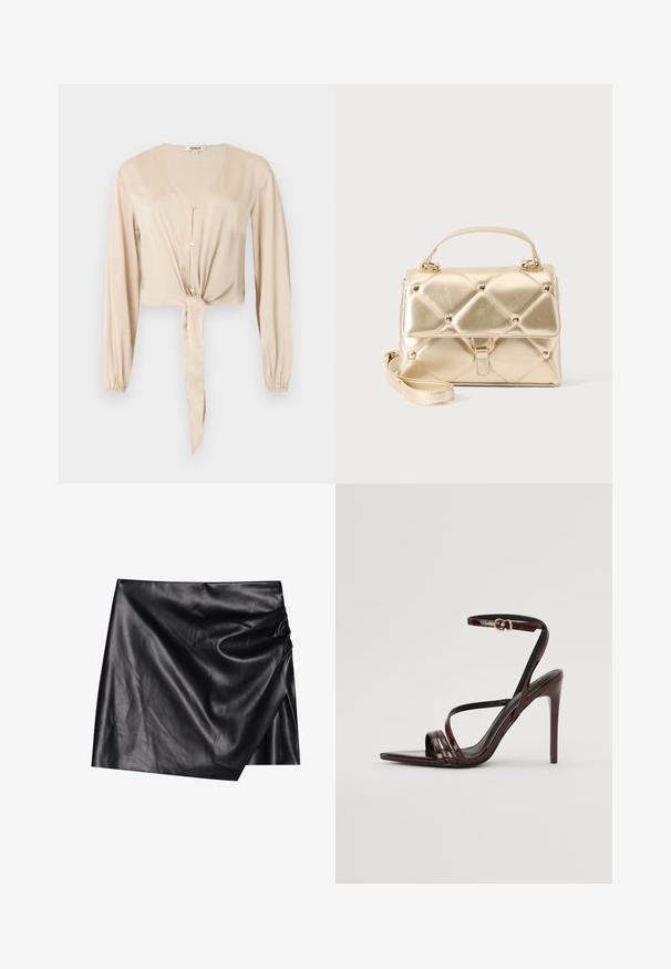 Blouse beige à manches longues avec col en V, boutons sur le devant, poignets élastiques et détail en tissu noué à la taille.; Jupe mini en cuir noir avec un design portefeuille, affichant une texture douce et lisse ainsi que des détails de drapés subtils sur un côté.; Sandale à talons hauts en cuir verni bourgogne avec une bride de cheville, bout pointu et trois bandes horizontales sur le pied. Détail de boucle dorée.; Petit sac à main métallique doré avec poignée supérieure, bandoulière amovible, motif matelassé et détails cloutés dorés sur un fond uni.