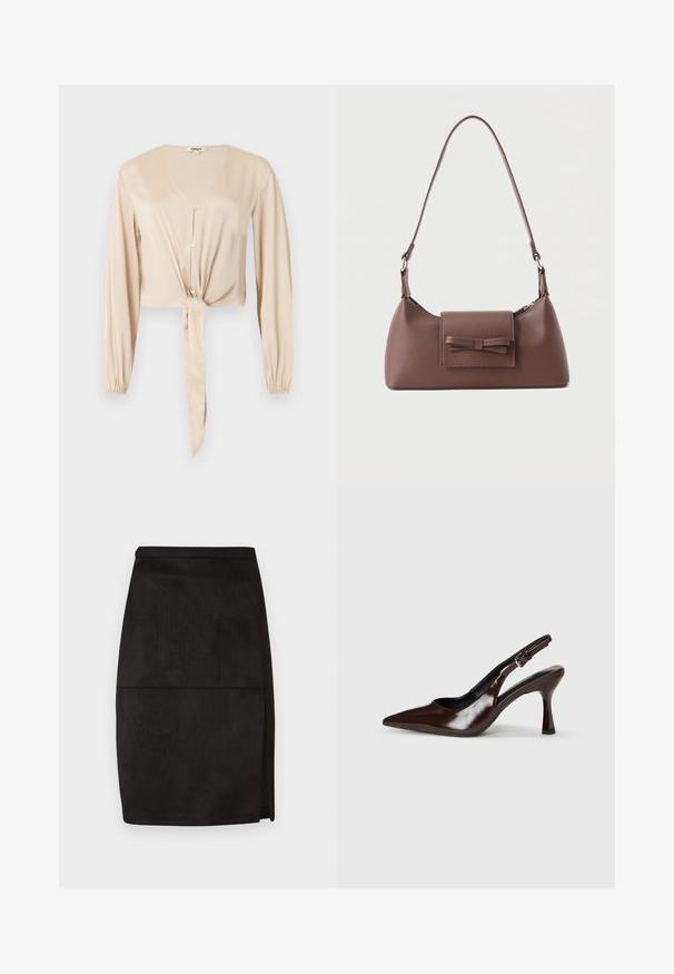 Blusa beige de manga larga con cuello en V, botones al frente, puños elásticos y un detalle de tela anudada en la cintura.; Falda lápiz de ante negro con corte recto, ligera abertura lateral y textura suave. Cintura sencilla y líneas de diseño limpias.; Zapatos de tacón slingback de charol marrón con punta afilada, tacón delgado y correa ajustable con una pequeña hebilla.; Bolso bandolera de cuero marrón con un bolsillo frontal de solapa que presenta un detalle de moño cosido y una correa ajustable.