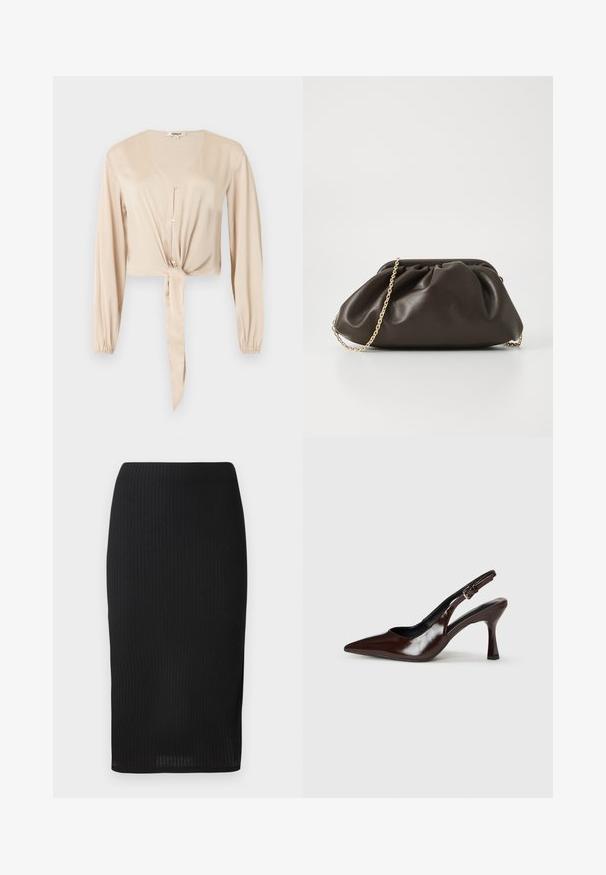 Beige bluse med lange ærmer, V-hals, knapper foran, elastiske manchetter og en bundet stoff detalje ved taljen.; Sort ribbet blyantskørt i tætsiddende design med en glat tekstur og en længde til knæene. Simpel talje uden udsmykninger.; Brune patenterede læderslingback-sandaletter med spids tå, en tynd hæl og justerbar rem med en lille spænde.; Brun læderhandtaske med en sammensnøring, guld kædestrop og blød, struktureret overflade. Kompakt form velegnet til aftensbrug.