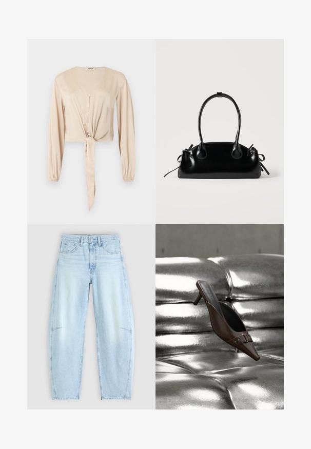 Beige Bluse mit langen Ärmeln, V-Ausschnitt, Vorderknöpfen, elastischen Bündchen und einem gebundenen Stoffdetail an der Taille.; Hellblaue Denim-Jeans mit relaxed Fit, hoher Taille, Fünf-Taschen-Design und subtilen Ausbleichungen sowie ausgefransten Saumdetails.; Brauner spitzer Mule mit Absatz und Schnallendetail, der über einer glänzenden silbernen, gesteppte Lederoberfläche schwebt.; Kleine schwarze glänzende Handtasche mit zwei langen Griffen und seitlichen Kordelzug-Details vor einfachem hellem Hintergrund.