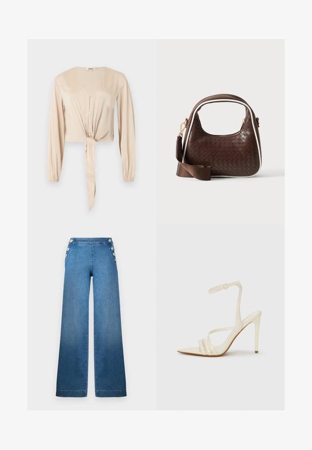 Beige blouse met lange mouwen, V-hals, knopen aan de voorkant, elastische manchetten en een gebonden stofdetail bij de taille.; Brede blauwe denim broek met een hoge taille, knoopaccenten aan de zijkant en een schone zoom. De stof heeft een gladde textuur met een lichte vervaging.; Beige sandalen met hoge hak en een puntige neus, voorzien van drie voorste bandjes en een dunne enkelband met een gesp. Gladde textuur, minimalistisch ontwerp.; Bruine geweven leren handtas met witte bies, gouden ritssluiting en afneembare bruine stoffen schouderriem.