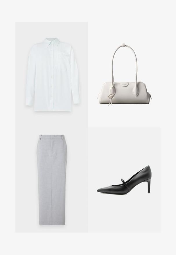 Lichtblauw button-up shirt met een kraag, lange mouwen en een borstzak. De stof lijkt glad met een subtiele textuur en heeft gele knopen.; Grijze op maat gemaakte kokerrok van gladde stof. Heeft een rechte snit, een vlakke voorkant en geen zichtbare zakken.; Zwarte leren pumps met puntige neus, dunne riem en gesp over de wreef, staand op een neutrale lichte achtergrond.; Witte Calvin Klein schoudertas met lange hengsels, rechthoekige vorm, ritssluiting en decoratieve logohanger bij het hengsel.