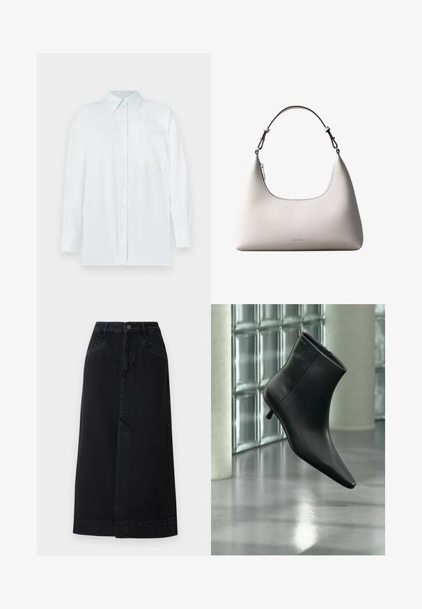 Chemise boutonnée bleu clair avec col, manches longues et poche poitrine. Le tissu semble lisse avec une subtile texture ; dispose de boutons jaunes.; Jupe midi en denim noir avec une coupe droite, fermeture par boutons à l'avant et poches latérales avec de subtils détails de couture.; Bottine en cuir noir à bout pointu et petit talon kitten, présentée en angle devant un sol poli et un mur en blocs de verre.; Sac à bandoulière en cuir couleur crème de Calvin Klein avec bord supérieur incurvé, fermeture éclair argentée et sangle ajustable brun foncé.
