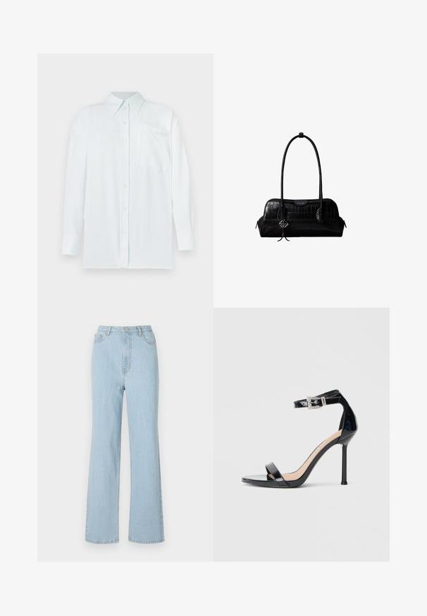 Chemise boutonnée bleu clair avec col, manches longues et poche poitrine. Le tissu semble lisse avec une subtile texture ; dispose de boutons jaunes.; Jean en denim bleu clair taille haute avec une coupe décontractée, jambes larges et design classique à cinq poches. Fait avec un bouton en métal et une fermeture éclair.; Sandale à talon haut en cuir verni noir avec bride à la cheville. Présente un design minimaliste, un bout ouvert et une boucle ornée de strass.; Sac à épaule en cuir noir à texture crocodile, avec de longues sangles et un petit charm logo argenté sur une sangle.