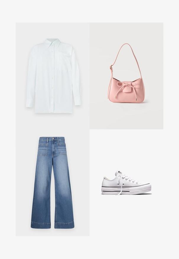 Chemise boutonnée bleu clair avec col, manches longues et poche poitrine. Le tissu semble lisse avec une subtile texture ; dispose de boutons jaunes.; Jeans en denim bleu à taille haute, avec des jambes larges, deux poches avant et deux poches arrière, présentant une finition soignée et un léger décoloration.; Baskets basses en toile blanche avec lacets blancs, semelle en caoutchouc, détails à rayures noires, et écusson logo sur la languette et le talon.; Petit sac bandoulière rose pastel avec sangle réglable et détail nœud à l'avant avec extrémités dorées sur un fond uni.